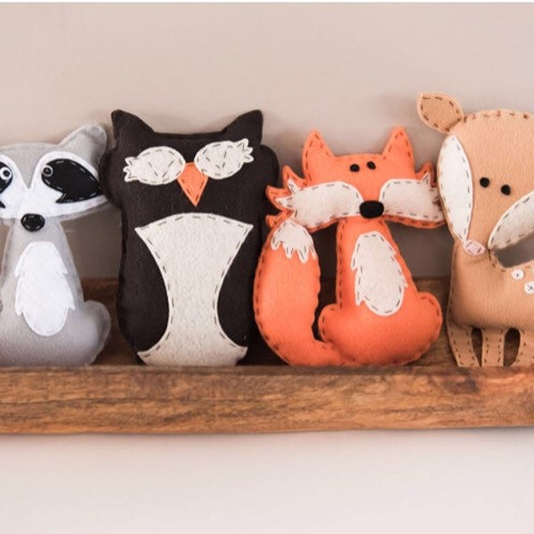 Stuffed Woodland Animals-Fox-Raccoon-Owl-Deer - Felt-Hand Stitched-Photography Prop-Party Decor