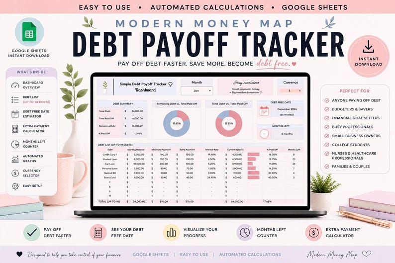 May include: A digital debt payoff tracker for Google Sheets displayed on a laptop screen. The interface features a dashboard with debt summary tables, pie charts, and progress bars in shades of pink, blue, and white, titled Modern Money Map.