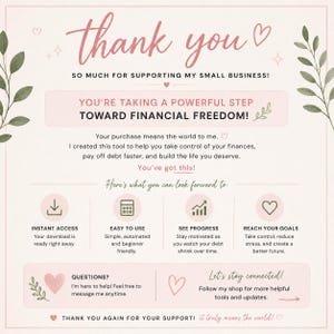 May include: A light pink digital thank you card for a small business featuring green leaf illustrations and pink hearts. The text reads: Thank you so much for supporting my small business! You're taking a powerful step toward financial freedom!