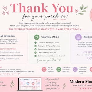 May include: A digital planner instruction card with a light pink background, featuring the text Thank You for your purchase, Modern Money Map, and sections detailing instant download steps, features, and support contact information with icons.
