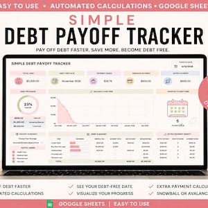 May include: A digital debt payoff tracker displayed on a laptop screen, featuring sections for total debt, interest saved, and debt progress. The interface includes a balance over time graph, a debt summary table, and a calendar for debt-free dates.