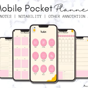 May include: A digital planner for GoodNotes and Notability apps. The planner includes pages for daily, weekly, monthly, and yearly planning, as well as a grocery list and a "want" list. The planner is designed to be used on a mobile device.