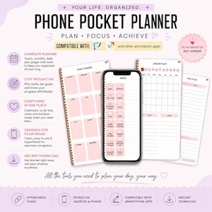 May include: A digital phone pocket planner featuring a central smartphone display with an index of yearly, monthly, and daily planning pages. The interface uses a soft pink and white color scheme with text including Plan, Focus, Achieve, and Plan Smarter Not Harder.