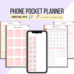 May include: A digital phone pocket planner with a pink and white color scheme. The planner includes a yearly calendar, monthly calendar, daily planner, and index pages. The planner is compatible with note-taking apps.