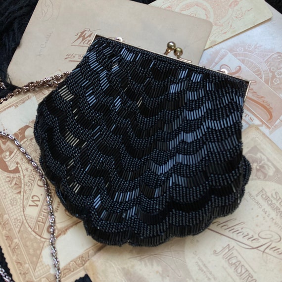 Vintage Black Beaded Scalloped Coin Purse • Long … - image 3