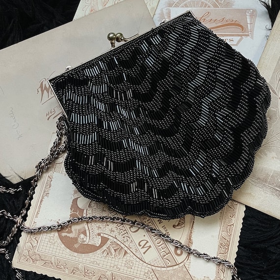 Vintage Black Beaded Scalloped Coin Purse • Long … - image 1