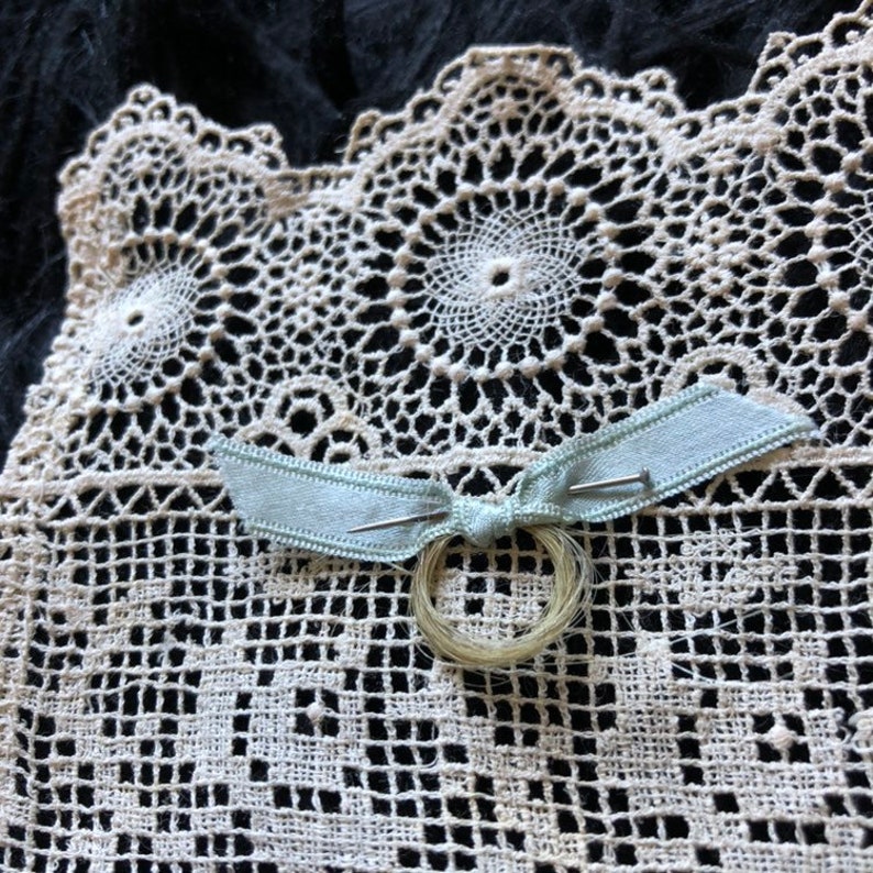 Antique Hair Memento \u2022 Sweet Little Victorian Lock of Hair on Bobbin Doily\\Lace