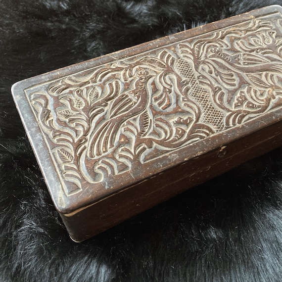 Antique Wood Box • Engraved Phoenix Design Gem