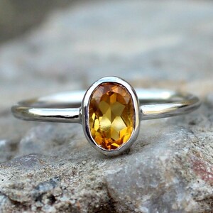Natural Golden Citrine 925 Sterling Silver, Bezel Solitaire Ring Minimalist Dainty Stacking November Birthstone, Simple Elegant Promise Gift