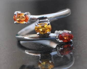 Natural Sapphire 925 Sterling Silver Three Stone Sapphire Modern Wave Bypass Ring Red Yellow Orange Sapphire Sunset Gemstone Jewelry Gift