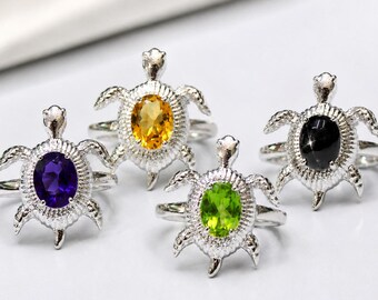 Natural Amethyst/Citrine/Peridot/Black Star, Turtle/Tortoise 925 Sterling Silver Solitaire Sea Life Animal Promise Ring, Birthstone Gift