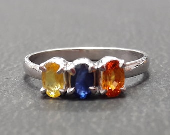 Handmade Ring - 925 Sterling Silver - Yellow Orange Blue Sapphire - Natural Sapphire Jewelry - Oval Sapphire Jewelry - September Birthstone