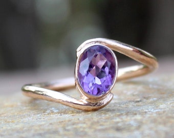 Natural Amethyst Ring. Amethyst Silver Ring, Handmade Gemstone Jewelry, Twist Ring, Purple Amethyst Rose Gold Ring, February Birthstone