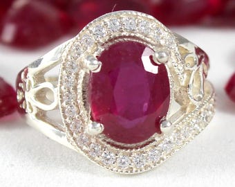 Natural Oval Ruby Halo Ring 925 Sterling Silver, Vintage Ornate Statement Ring, Cubic Zirconia Filigree Cocktail Ring, July Birthstone Gift