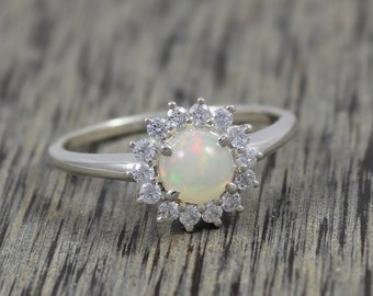 Natural Ethiopian Opal - Welo Fire Opal - 925 Sterling Silver - Silver Opal Zircon Ring - 6 MM Cabochon - Handmade Jewelry - US Size 3 - 13