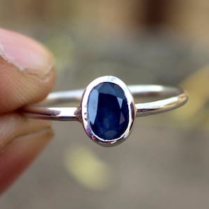 Natural Blue Sapphire 925 Sterling Silver, Bezel Solitaire Ring Minimalist Dainty Stacking September Birthstone, Simple Elegant Promise Gift