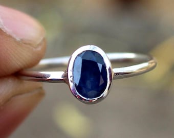 Natural Blue Sapphire 925 Sterling Silver, Bezel Solitaire Ring Minimalist Dainty Stacking September Birthstone, Simple Elegant Promise Gift
