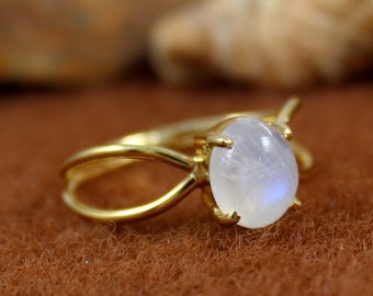 925 Sterling Silver Ring - Gold  Plated Ring  - Natural Rainbow Moonstone - Handmade Jewelry - Statement Ring - Promise Ring - Gift For Her