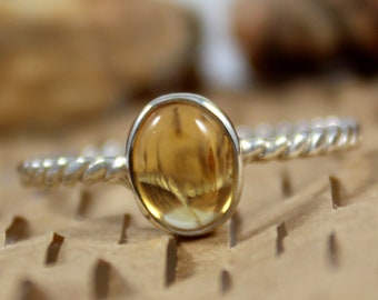 Natural Citrine Stackable Ring, 925 Sterling Silver Twisted Rope Band, Yellow Gemstone Solitaire, Dainty November Birthstone Gift for Her