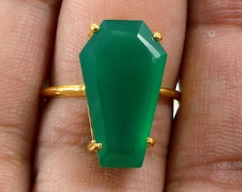 925 Sterling Silver Natural Green Onyx Coffin Cut Solitaire, Dainty Gothic Prong Ring, Witchy Boho Jewelry, Gothic Statement Gift For Her