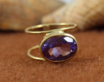 Gold Plated Ring - Handmade Ring - Natural Amethyst - 925 Sterling Silver - Dual Band Ring - Gemstone Jewelry - Statement Ring -Gift For Her