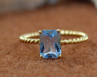 Gold Plated Ring - Natural Blue Topaz - 925 Sterling Silver - 6 X 8 MM Octagon Topaz - Twisted Band Ring - Handmade Gemstone -Exclusive Ring