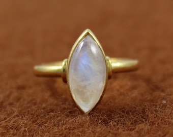 Rose Gold Plated - Gold Plated - 925 Sterling Silver - Natural Rainbow Moonstone - Marquise Cabochon Ring - Handmade Gemstone Jewelry