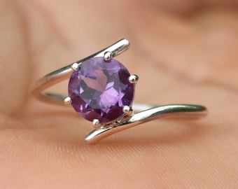 Natural Amethyst, 925 Sterling Silver, Round Purple Stone Ring, Unique Bypass Prong Solitaire, February Birthstone, Promise Gift for Her