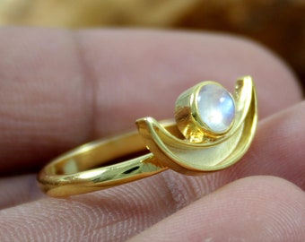 925 Sterling Silver - Natural Rainbow Moonstone - Gold Plated Ring - Handmade Jewelry - Moonstone Gemstone - Statement Ring - Birthstone