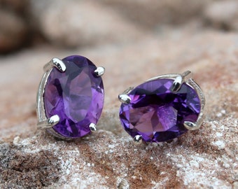 Natural Purple Amethyst 925 Sterling Silver, Silver Amethyst Stud, February Birthstone, Gemstone Earring, Amethyst Stud Earring, 5X7 MM Oval