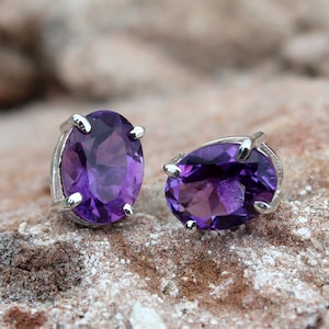Natural Purple Amethyst Silver Stud Earring, 925 Sterling Silver, Purple Stone Stud, Birthstone Jewelry, Gift For Her Dainty Minimalist Stud