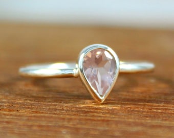 Natural Pear Rose Quartz 925 Sterling Silver, Bezel Set Solitaire Ring, Minimalist Dainty Stackable, Elegant Baby Pink Teardrop Promise Gift