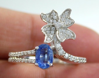Natural Oval Tanzanite, 925 Sterling Silver, Unique Pretty Promise Solitaire, Pave CZ Clover Floral Statement Ring, December Birthstone Gift