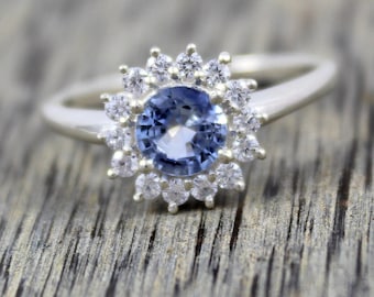 Natural Blue Sapphire Sunburst Ring 925 Sterling Silver, Round Sapphire Floral Halo Ring, September Birthstone, Royal Blue Statement Gift