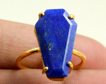 925 Sterling Silver Natural Lapis Lazuli Coffin Cut Solitaire, Dainty Gothic Prong Ring, Witchy Boho Jewelry, Lucky Statement Gift For Her