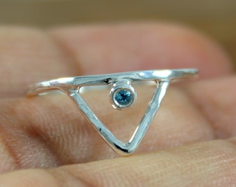 Natural Blue Topaz 925 Sterling Silver Hammered Chevron V Ring Dainty Triangle Stacking Ring December Birthstone Boho Jewelry Gift For Her