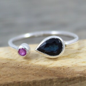 Natural Ruby and Blue Sapphire 925 Sterling Silver Toi et Moi Open Cuff Ring September July Birthstone Red & Blue Precious Gemstone Jewelry