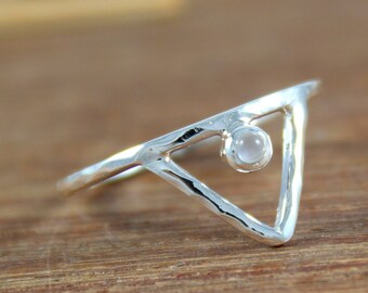 White Moonstone V Ring 925 Sterling Silver Hammered Chevron Ring Tiny Petite Moonstone Triangle Ring Dainty Boho Stacking Ring Jewelry Gift