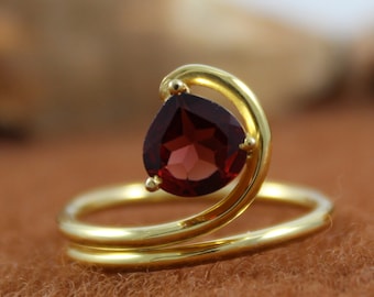 Gold Plated, 925 Sterling Silver, Natural Garnet Ring, Handmade Jewelry, Statement Ring, Garnet Heart Shaped Gemstone, Birthstone Ring