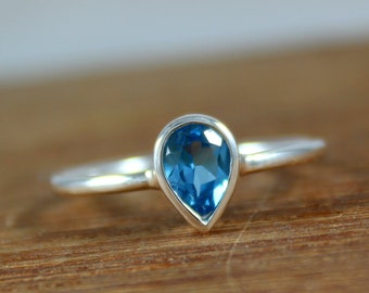 Natural Blue Topaz, Silver Blue Topaz Ring, Pear Cut Topaz Ring, Simple Dainty Ring, Gift For Her Handmade Gemstone Ring November Birth Ring