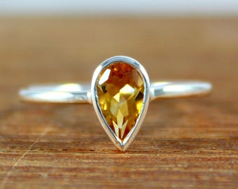 Natural Pear Citrine 925 Sterling Silver Bezel Solitaire Ring Minimalist Dainty Stackable, November Birthstone Elegant Teardrop Promise Gift