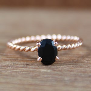 925 Sterling Silver Natural Black Onyx Rope Band Ring July Birthstone Oval Black Onyx Gothic Solitaire Stackable Dainty Promise Ring for Her