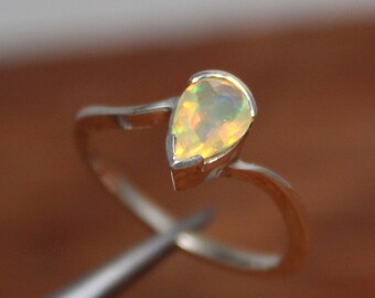 Natural Ethiopian Welo Fire Opal - 925 Sterling Silver - Handmade Ring - October Birthstone Ring -  Pear Cut Prong Set - Gemstone Jewelry