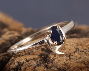 925 Sterling Silver, Natural Blue Sapphire,  Tiny Silver Ring, 3X5 MM Oval Shape, Handmade Beautiful Gift, Birthstone Blue Sapphire Ring