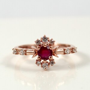 Dainty Moon Star Ring, Vintage Round Cut Red Ruby Ring, Crescent moon Ring, Unique Bridal/ Engagement Ring, Sterling Silver Galaxy Jewelry