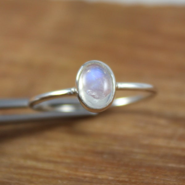 Natural Rainbow Moonstone, 925 Sterling Silver, Dainty Gemstone Ring, Blue Fire Moonstone, Gift For Her, Promise Ring, June Birthstone Ring