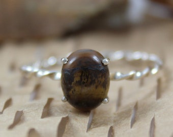 Natural Tiger Eye Ring - 925 Solid Sterling Silver - 7 X 9 MM Oval Cabochon - Handmad Ring - Tiger Eye Gemstone - Twist Band - Birthstone