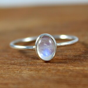 Natural Rainbow Moonstone 925 Sterling Silver, Bezel Solitaire Ring Minimalist Dainty June Birthstone, Simple Elegant Boho Promise Gift Her