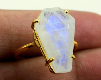 925 Sterling Silver Natural Rainbow Moonstone Coffin Solitaire Dainty Gothic Prong Ring Witchy June Birthstone Jewelry Gothic Statement Gift