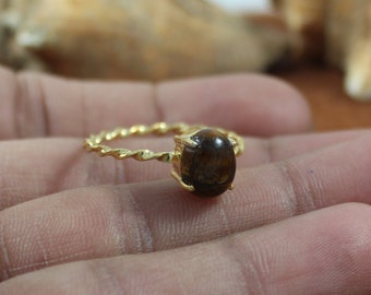 Gold Plated Ring - Natural Tiger's Eye - 7 X 9 MM - Twisted Band Ring - Handmade Ring - Gemstone Jewelry - Statement Ring - Enganement Ring